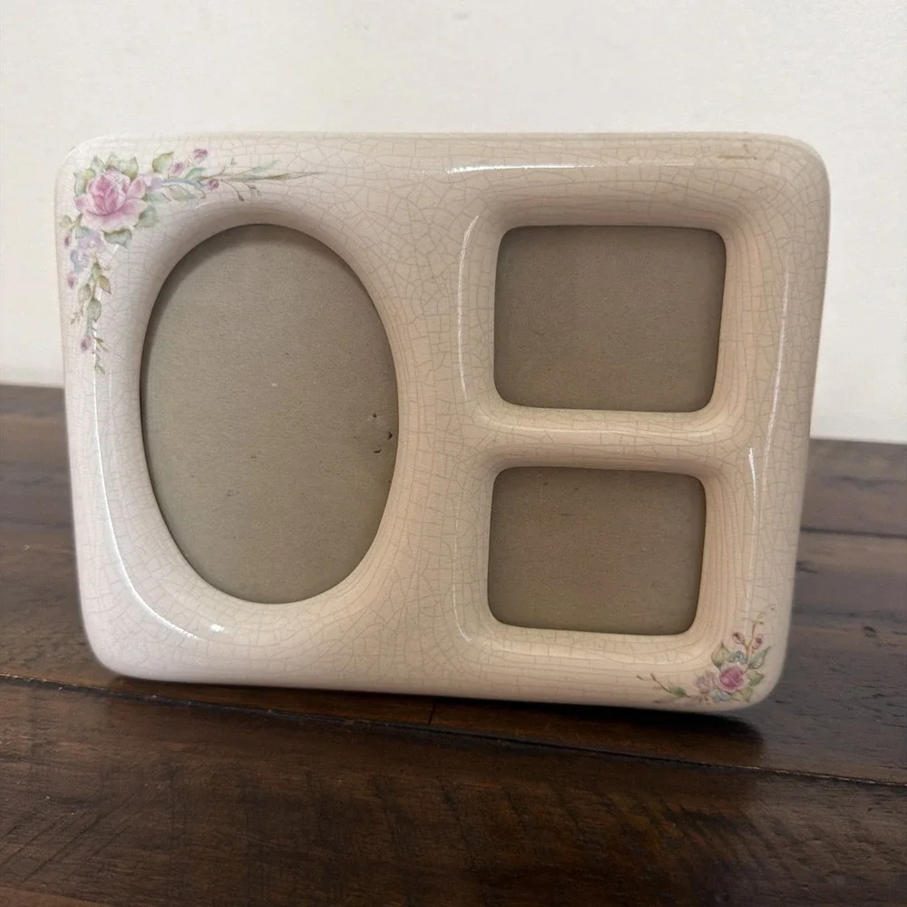Vintage Photo Frame Ceramic Victorian Pink Floral Picture Multi Ivory Crazing